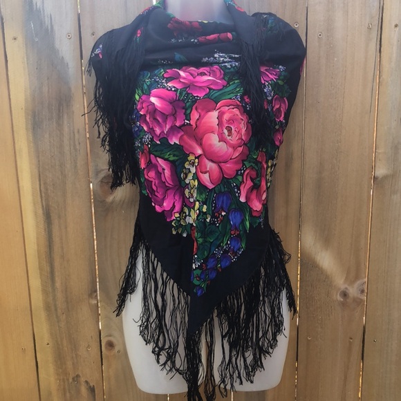 Vintage silk flower pattern on black background shawl with fringe scarf wrap